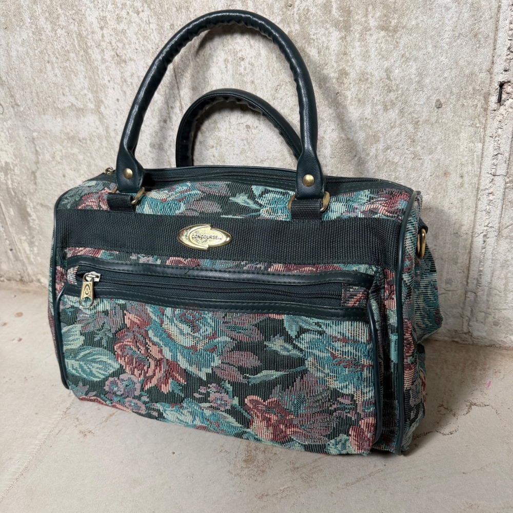 Concourse Vintage Floral Tapestry Travel Bag Satchel Weekender Teal Rose Black